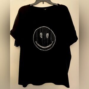 Women’s Smiley Face Rhinestone Bling Tshirt Black 2X Ontwelfth
